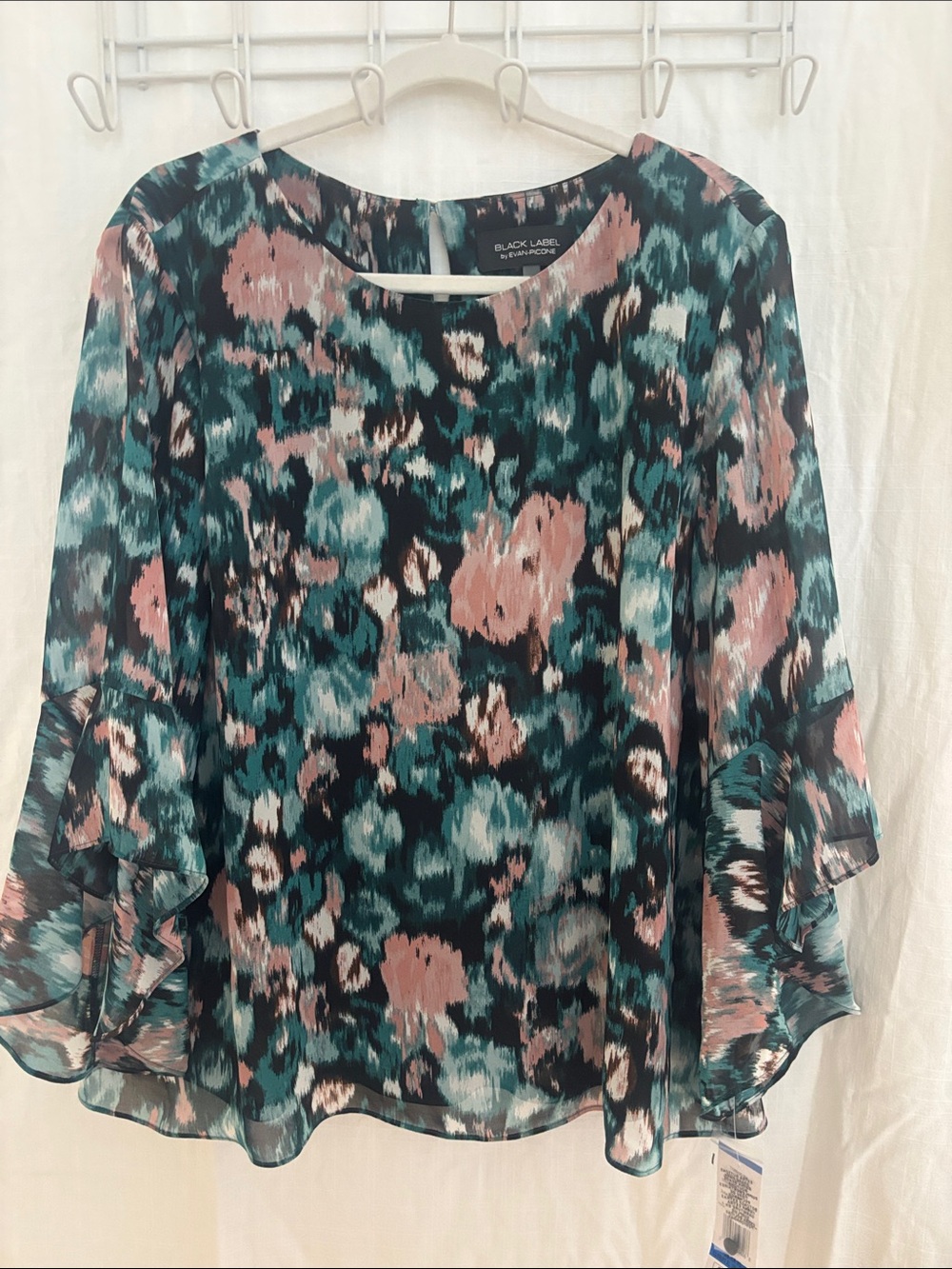 Evan Picone Teal & Pink Ruffled Sleeve Printed Blouse